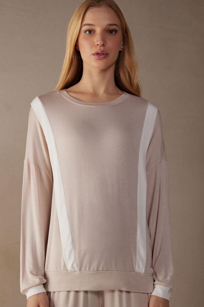 Intimissimi Simple Elegance Long Sleeve Top in Modal Pizsama Női Rózsaszín Fehér | HUWY3911