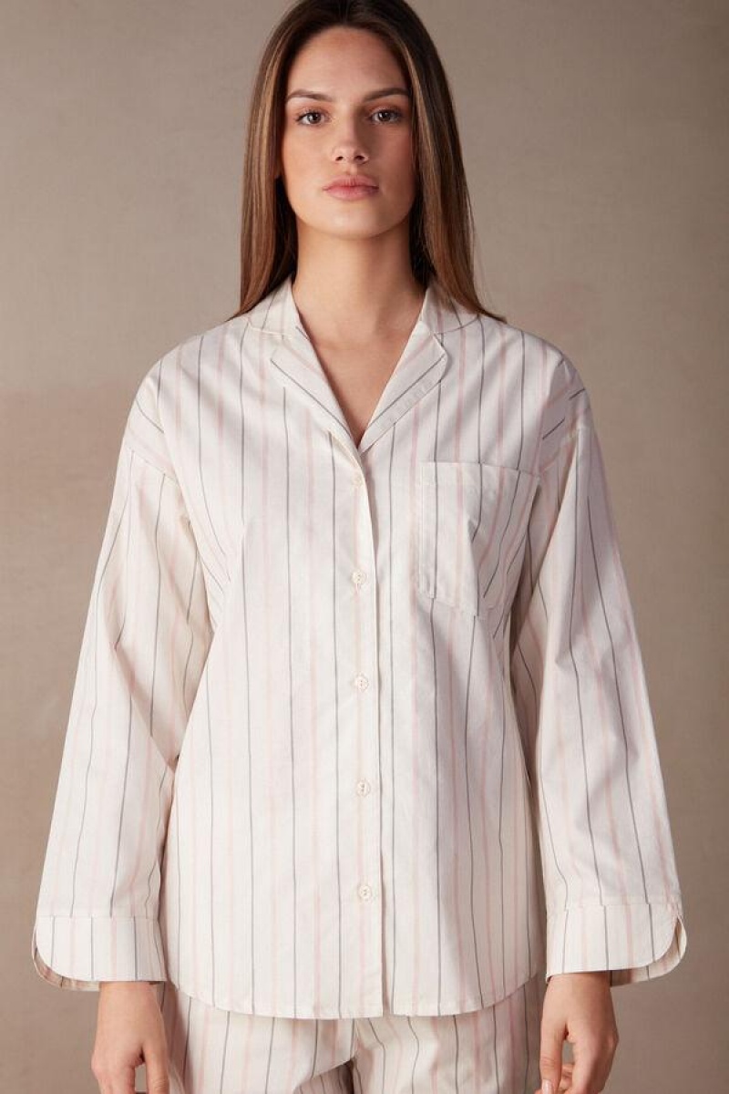 Intimissimi Soft Spring Long Sleeve Button-Up Shirt Pizsama Női Bézs Rózsaszín | HUKI3921