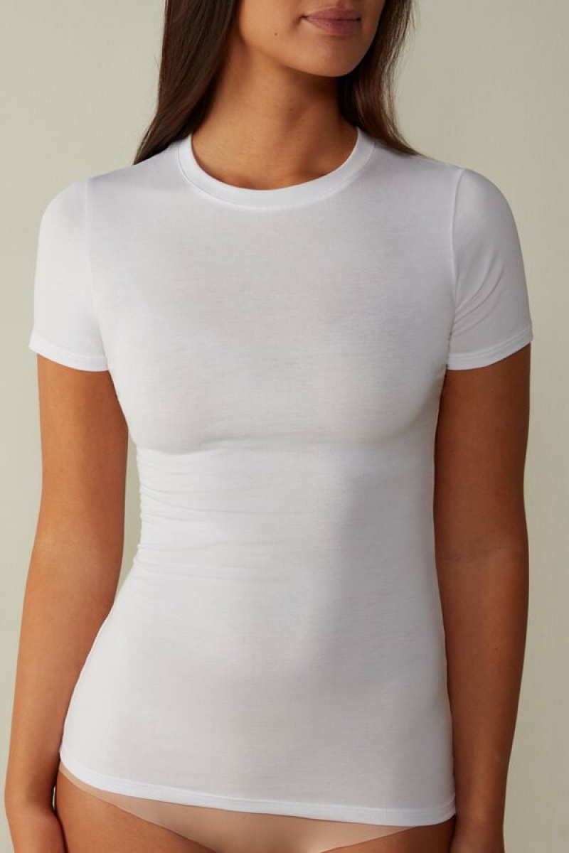 Intimissimi Stretch Supima® Pamut Top Short Sleeve Női Fehér | HUHK4209