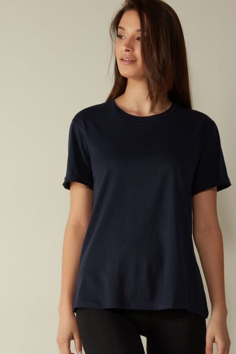 Intimissimi Supima® Pamut Top Short Sleeve Női Kék | HUSO4206