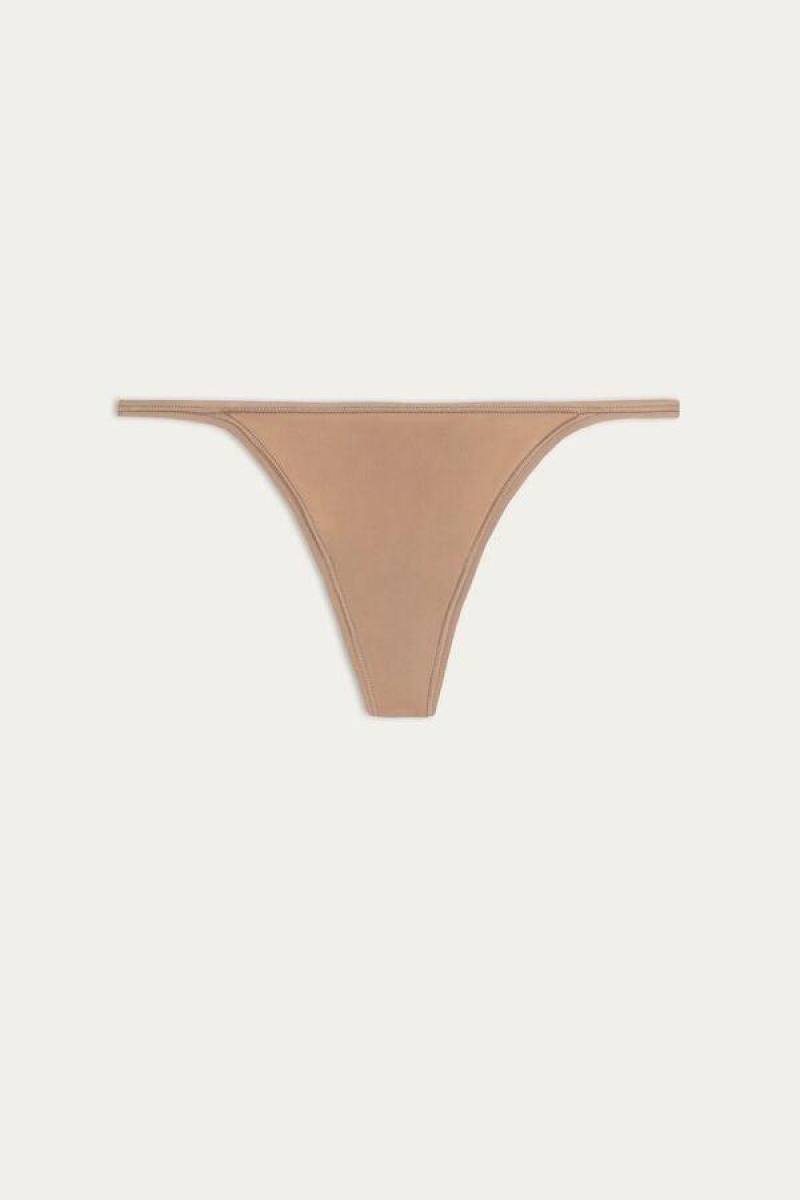 Intimissimi Tanga with Ultralight Microfiber Straps Bugyi Női Bézs | HULH3764