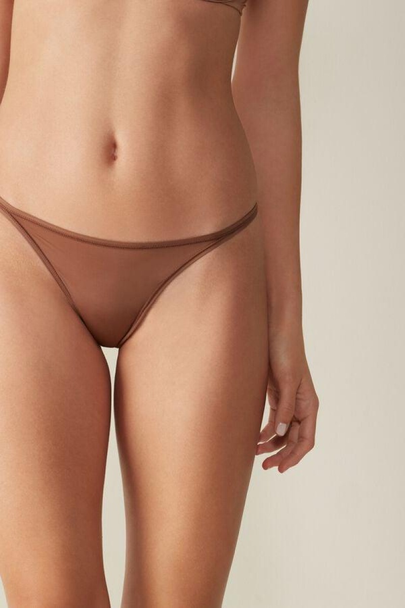 Intimissimi Tanga with Ultralight Microfiber Straps Bugyi Női Sötétbézs | HUZG3763