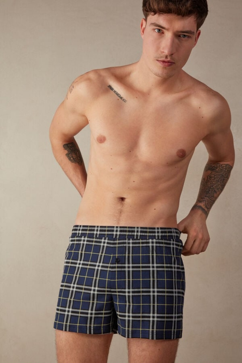 Intimissimi Tartan Patterned Pamut Jersey Relaxed Fit Boxer Férfi Kék Sárga | HUHK3429