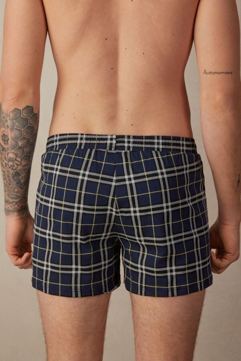 Intimissimi Tartan Patterned Pamut Jersey Relaxed Fit Boxer Férfi Kék Sárga | HUHK3429