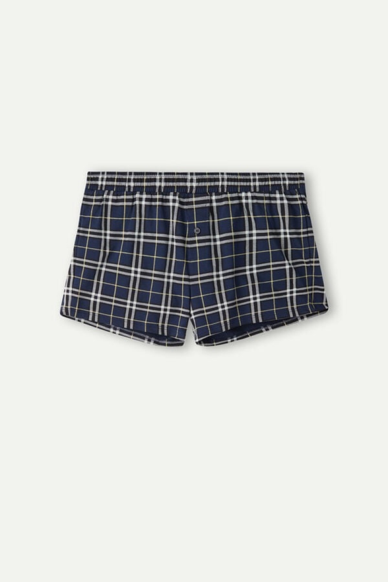 Intimissimi Tartan Patterned Pamut Jersey Relaxed Fit Boxer Férfi Kék Sárga | HUHK3429