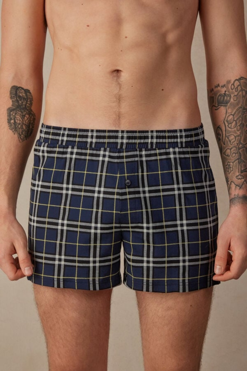 Intimissimi Tartan Patterned Pamut Jersey Relaxed Fit Boxer Férfi Kék Sárga | HUHK3429