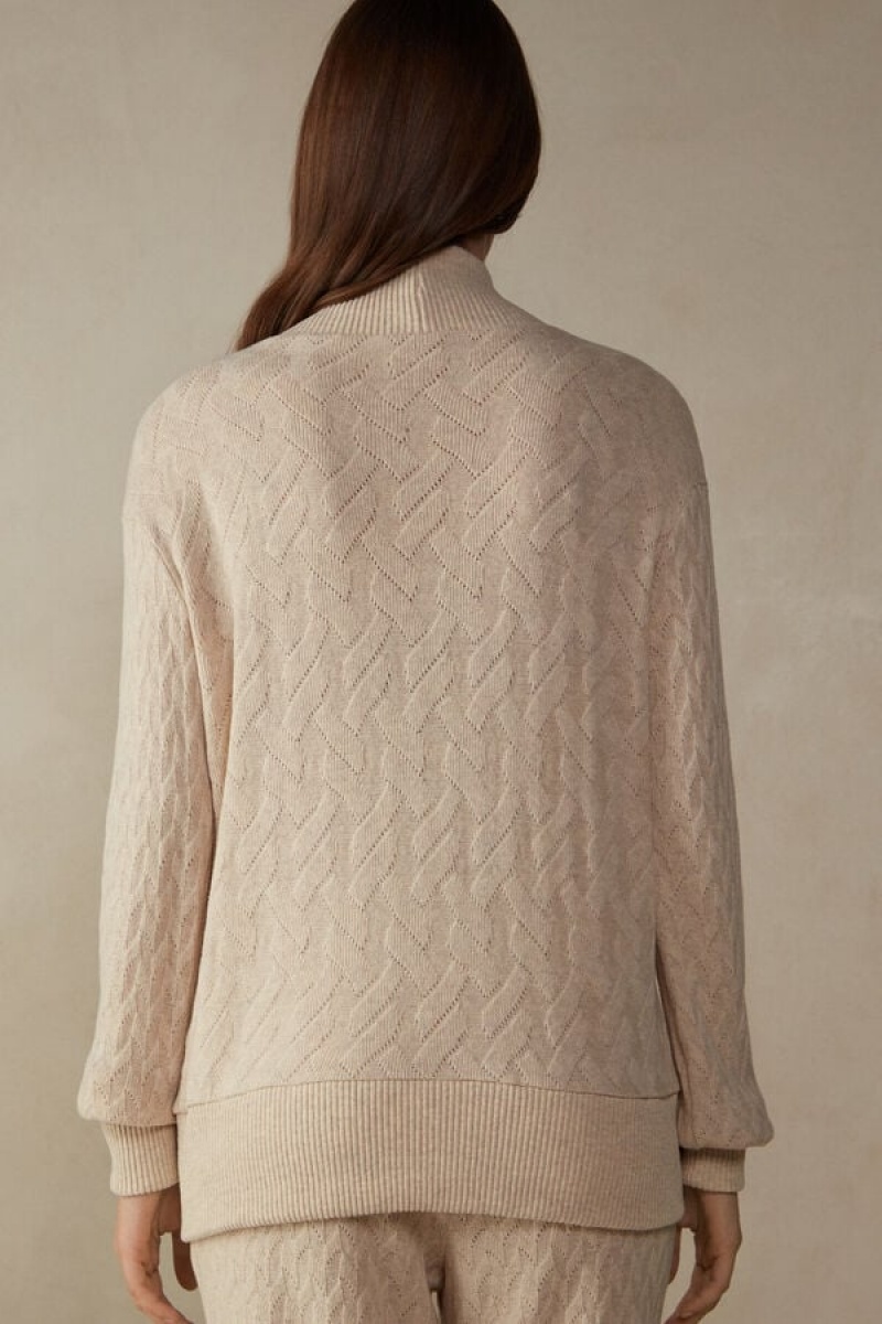 Intimissimi Téli Braid Long Sleeve Jacquard Cardigan Kabát Női Bézs | HUQZ4276