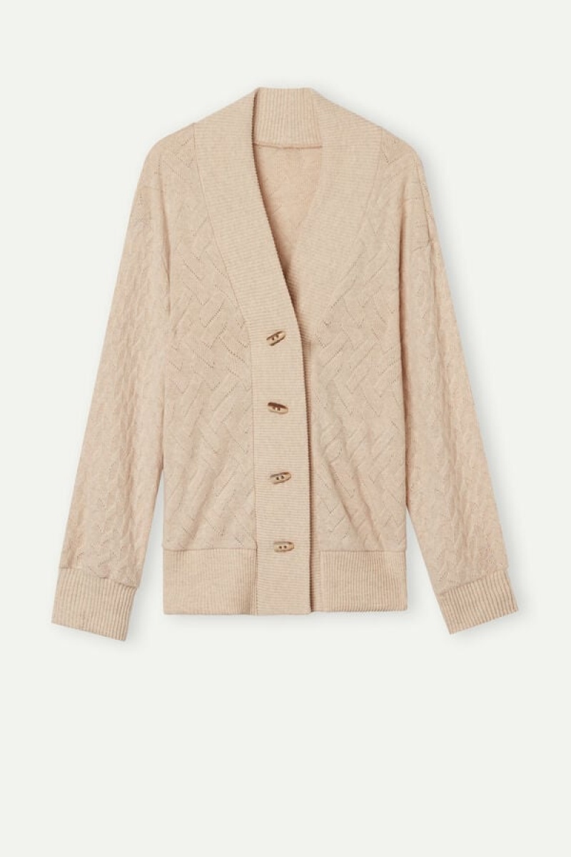 Intimissimi Téli Braid Long Sleeve Jacquard Cardigan Kabát Női Bézs | HUQZ4276