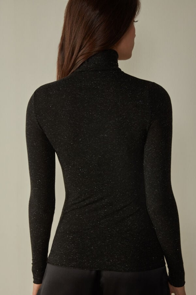 Intimissimi Turtleneck Top in Modal Light with Cashmere Lamé Hosszú Ujjú Női Fekete | HUIS4244