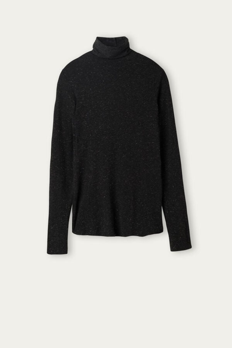 Intimissimi Turtleneck Top in Modal Light with Cashmere Lamé Hosszú Ujjú Női Fekete | HUIS4244