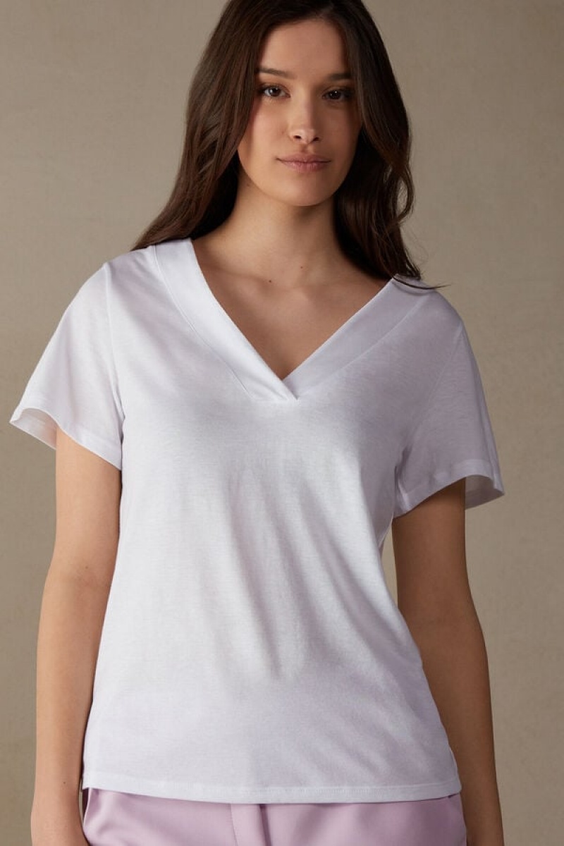 Intimissimi V-neck Top in Supima® Ultrafresh Pamut Short Sleeve Női Fehér | HUMA4200