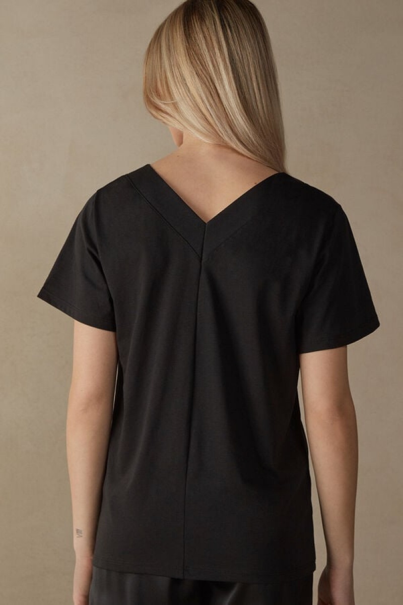 Intimissimi V-neck Top in Supima® Ultrafresh Pamut Short Sleeve Női Fekete | HUQZ4199