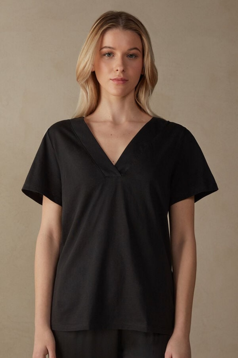 Intimissimi V-neck Top in Supima® Ultrafresh Pamut Short Sleeve Női Fekete | HUQZ4199