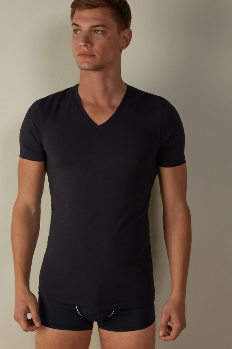 Intimissimi V-neck in Stretch Supima® Pamut Póló Férfi Kék | HUEX3035