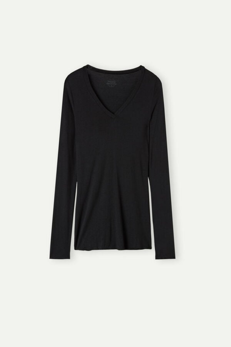 Intimissimi V-neck top in Modal Ultralight with Cashmere Hosszú Ujjú Női Fekete | HUKI4233